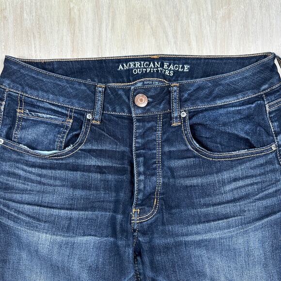 American Eagle Tomgirl Distressed Raw Hem Dark Wash Super Stretch Denim Jeans 6 - Picture 6 of 15